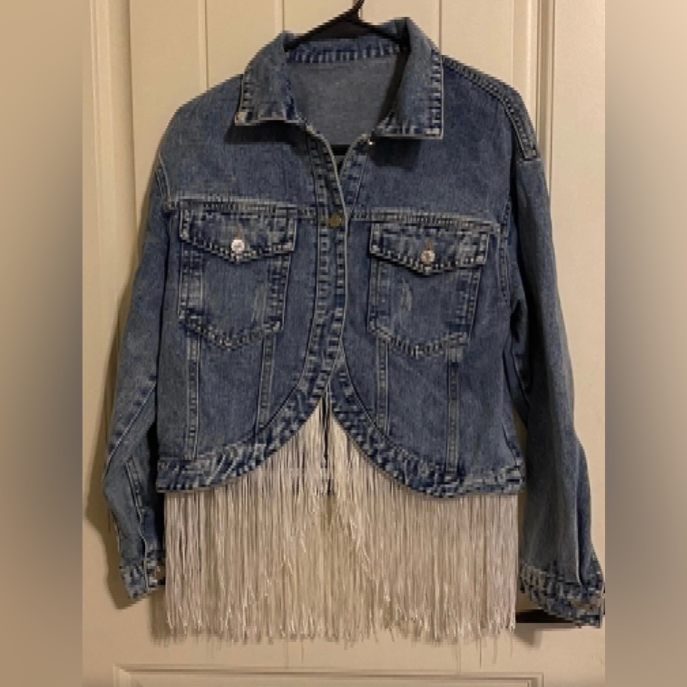 SHEIN Blue Denim Jacket with White Fringe